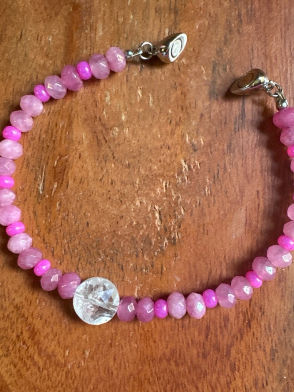 Pink Faceted Bead Bracelet with Clear Center Bead
